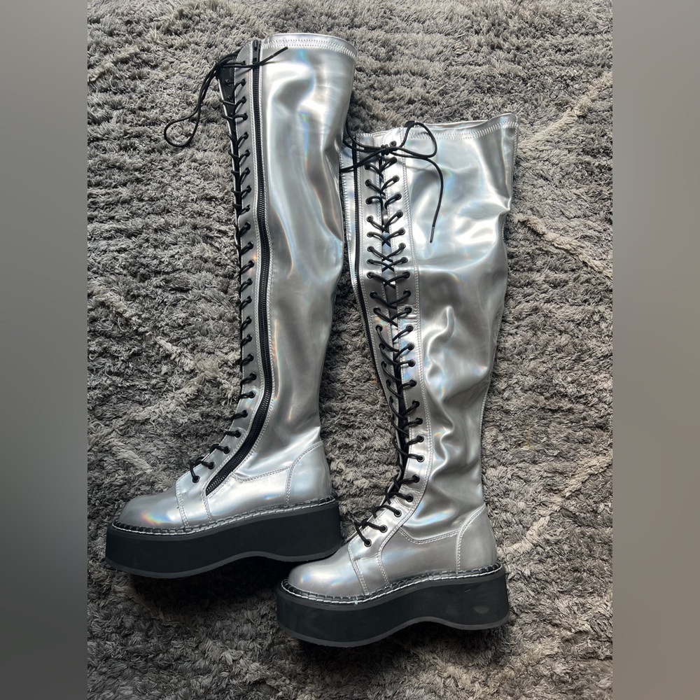 LIKE NEW Demonia thigh high lace up boots - Picture 2 of 5